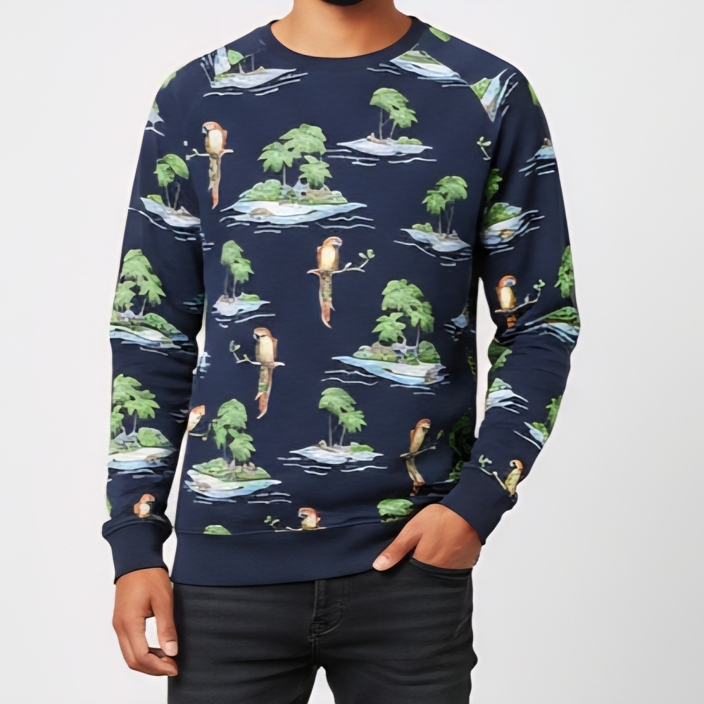 Only & Sons Men L Tropical Print Sweater Crew Neck Floral Statement Knit Resort
